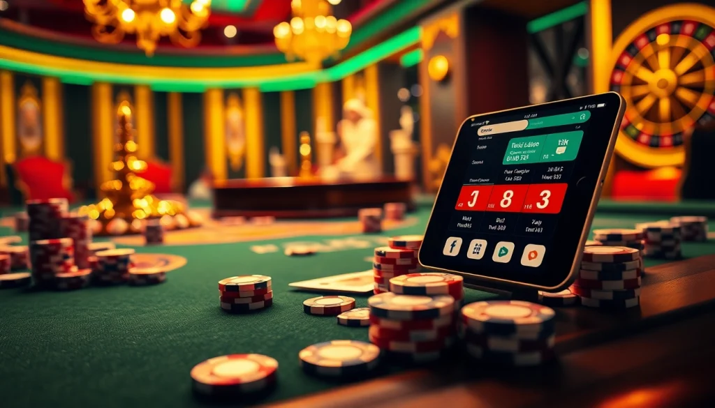 Experience high-energy gambling with the tải daga app featuring chips, cards, and roulette in a luxurious casino scene.
