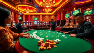 Players engaging at the poker table with vibrant NK88 casino atmosphere, capturing excitement and strategy.