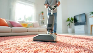Experience carpet cleaning specials with a professional technician in a bright living room setting.