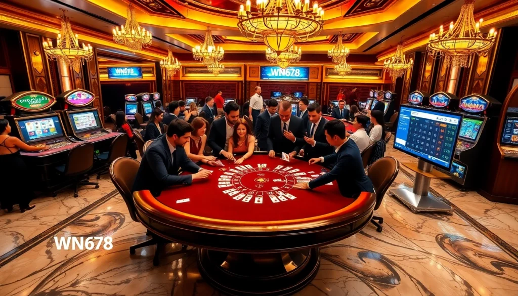 Players enjoying a vibrant casino experience at nhà cái WN678 with poker cards and slot machines.