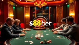 Exciting high-stakes poker game featuring s88bet branding in a luxurious casino.