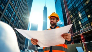 New York City Construction Manager reviewing blueprints at a lively urban site.