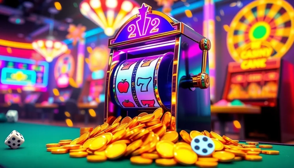 Spin the exciting slot 2d machine surrounded by vibrant casino elements and gold coins.