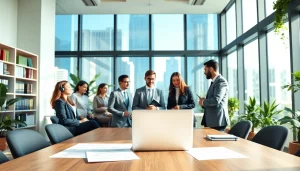 An environmental law firm team collaborating on sustainable practices in a modern office.