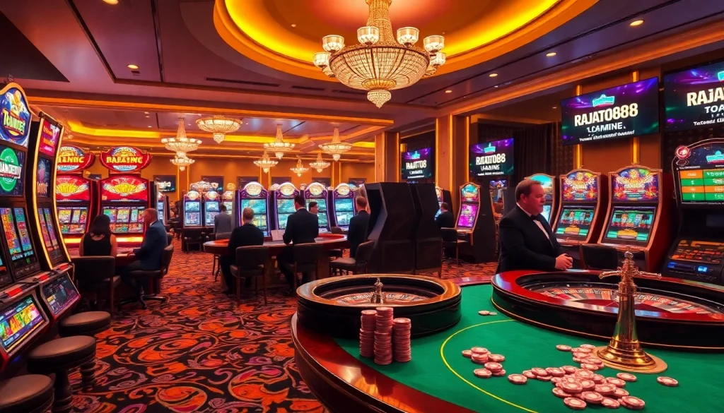 Players winning big at rajatoto88 amidst the excitement of vibrant slot machines and classic casino games.