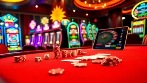 Gambling excitement at a poker table with link alternatif sbobet prominently featured in a luxury casino setting.