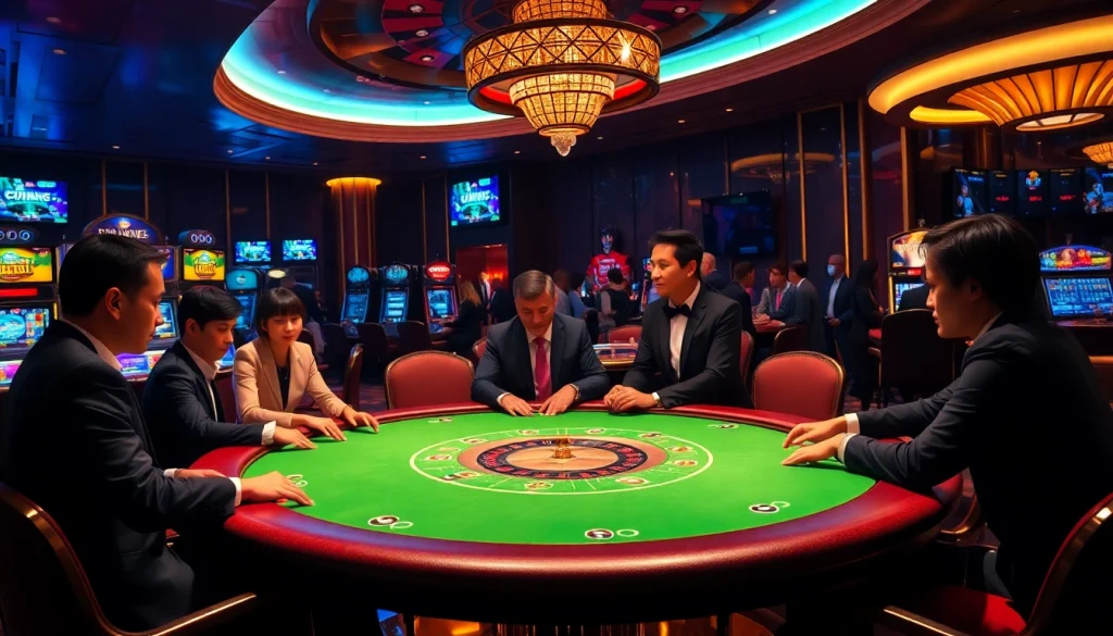 Players enjoying high-stakes poker at u888 casino, surrounded by luxurious decor and vibrant slot machines.