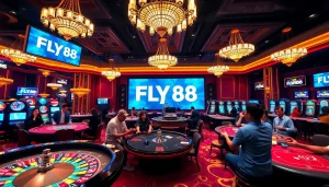 FLY88 casino players enjoying a vibrant roulette game with luxurious tables and captivating ambiance.