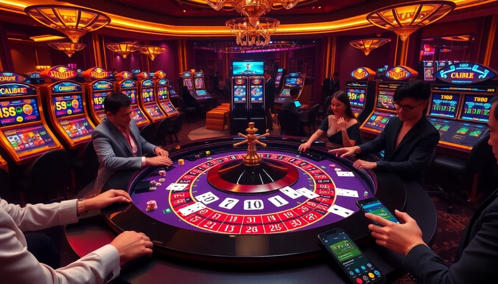 Exciting casino scene showcasing players and roulette table with 222bd app displayed on smartphones.