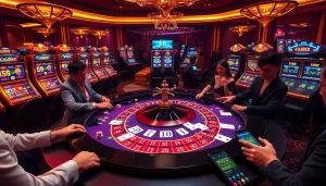 Exciting casino scene showcasing players and roulette table with 222bd app displayed on smartphones.