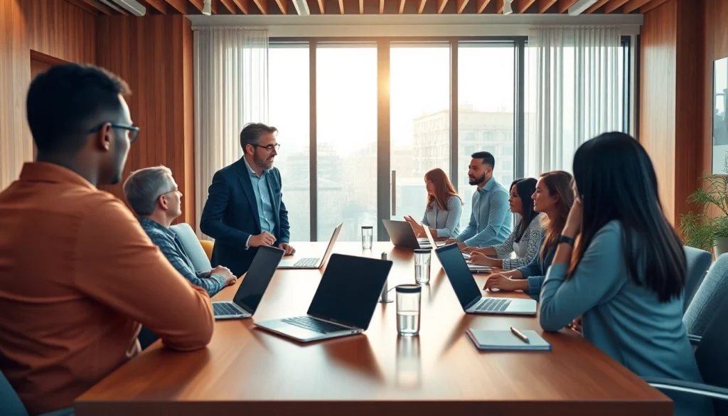 Engaging business coaching service session with diverse entrepreneurs in a bright office.