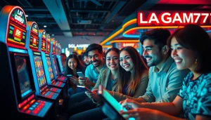 LAGAGAME77 gaming excitement with diverse players enjoying digital slot machines in a vibrant atmosphere.