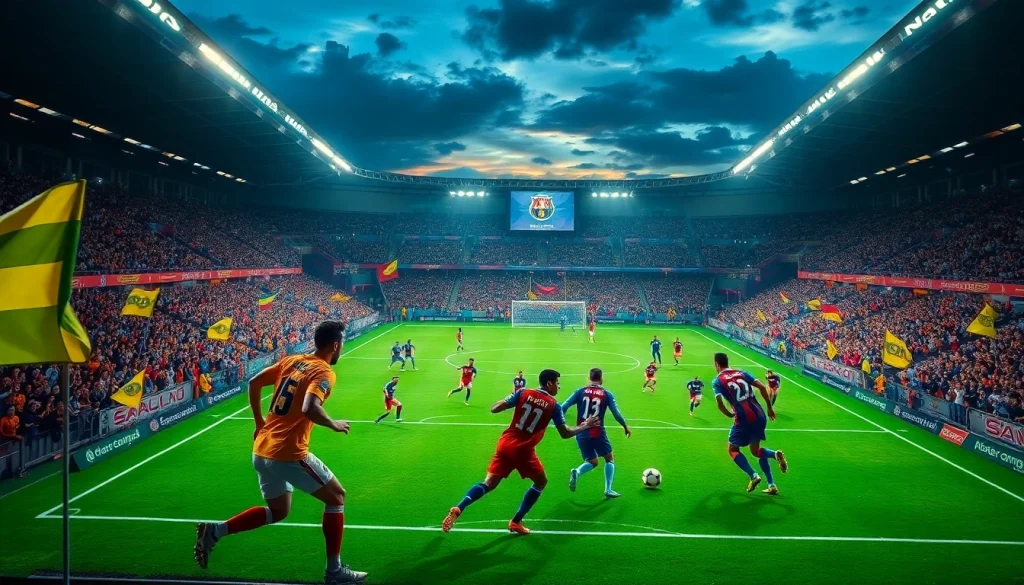 إثارة كورة لايف كما تُلتقط في مباراة كرة قدم حية مع اللاعبين في الملعب، استاد مكتظ وجماهير تهتف.