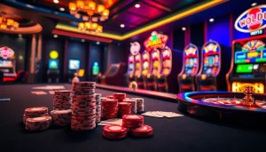 Nohu90 showcases an engaging casino ambiance with poker chips and roulette wheel, promoting thrilling gambling experiences.