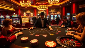 Intense gambling action at an MK8-themed luxury casino table with vibrant slot machines.