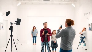 Sesión profesional de fotos DNI en Alicante en un estudio fotográfico luminoso con clientes diversos.