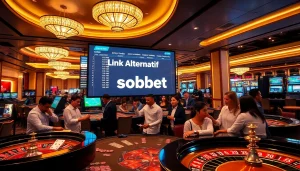 Betting on 'link alternatif sbobet' in an upscale casino with poker chips and roulette wheels.