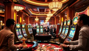 Experience excitement at a vibrant slot88 casino scene with colorful slot machines and lively players.