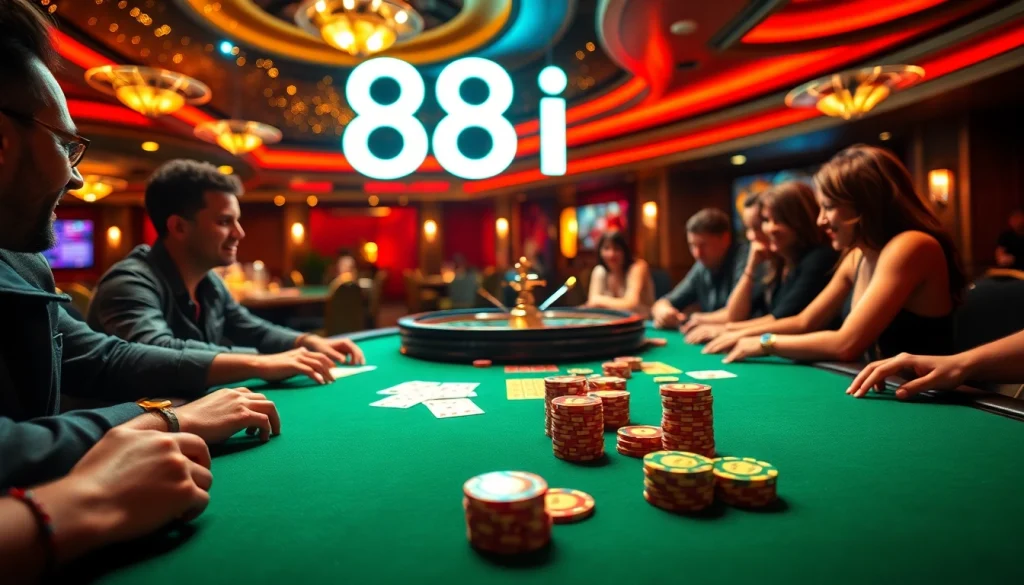 Players betting at a poker table in a casino showcasing the luxury of 88i gaming.
