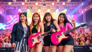 Energetic portrait of the blackpink members in a dynamic stage setting, highlighting their unique styles and connections.