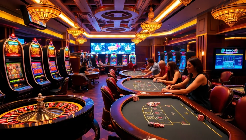 SODO casino featuring vibrant slot machines and excited players at poker tables under golden lighting