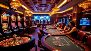 SODO casino featuring vibrant slot machines and excited players at poker tables under golden lighting