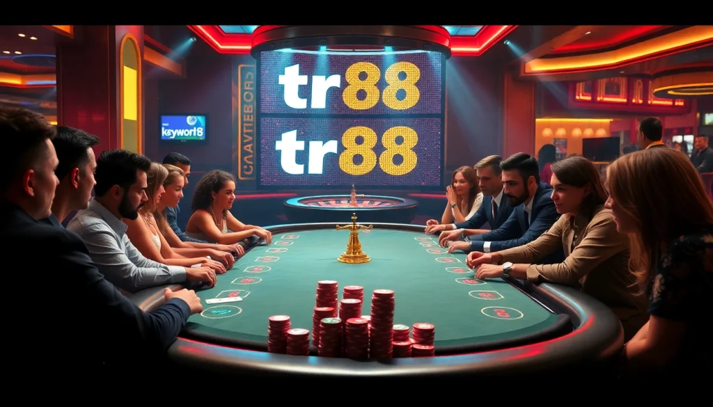 Players strategizing at a poker table, immersed in the thrilling ambiance of tr88 casino.