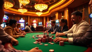 Experience thrilling MMOO action at a vibrant casino poker table with engaged players and spinning roulette.