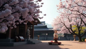 静かな日本の寺院に安置された即身仏（Sokushinbutsu）、桜の花に囲まれて。