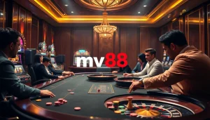 Gamblers at a luxurious casino table engaging with mv88 branding and vibrant slot machines.