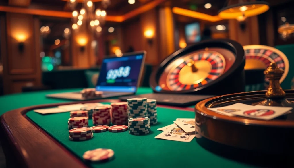 Gamblers enjoying the excitement of gg88 with poker chips, cards, and a roulette wheel.
