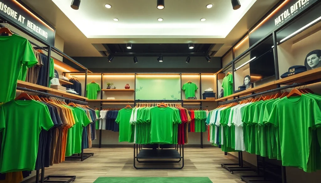 Showcasing stylish t-shirts in vibrant BOTOL169 green at a modern retail store.
