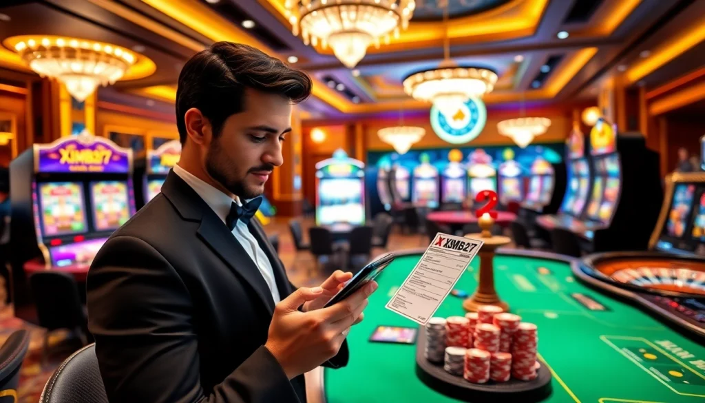 XSMB247 gambler winning with ticket in a luxurious casino setting
