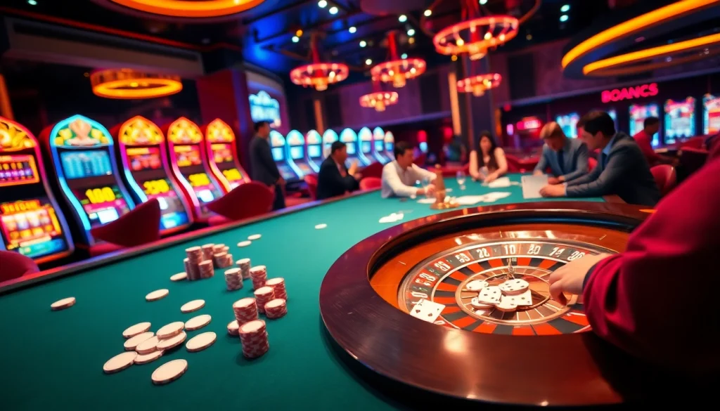Experience intense gameplay at https://thabet.vegas/ with a vibrant roulette table and engaging poker players.