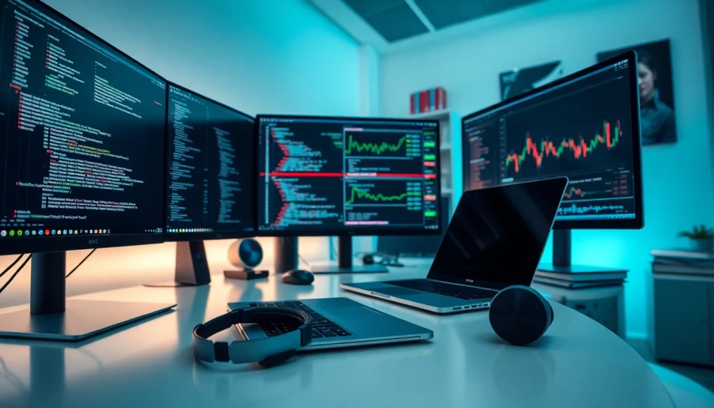 Software engineering workspace with monitors, coding, and finance charts in a modern setting.