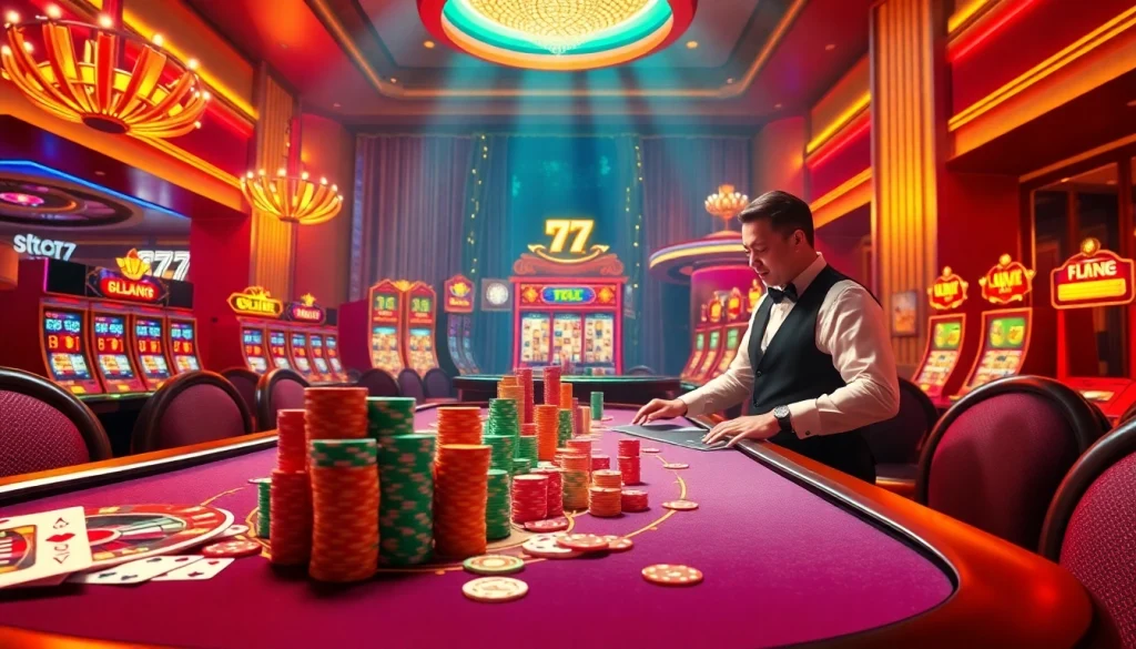 Experience thrilling casino gaming with the 7c77 app featuring vibrant tables and high stacks of chips.