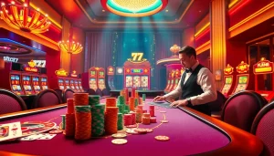 Experience thrilling casino gaming with the 7c77 app featuring vibrant tables and high stacks of chips.