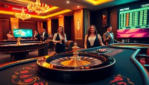 Engaging TT88 casino scene featuring luxurious tables, cards, and roulette wheel with vibrant energy.