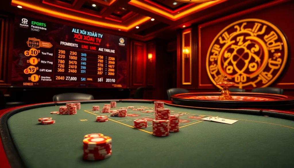 Xôi Xoài TV live esports scores glowing on a luxurious casino poker table with vibrant chips.