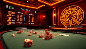 Xôi Xoài TV live esports scores glowing on a luxurious casino poker table with vibrant chips.