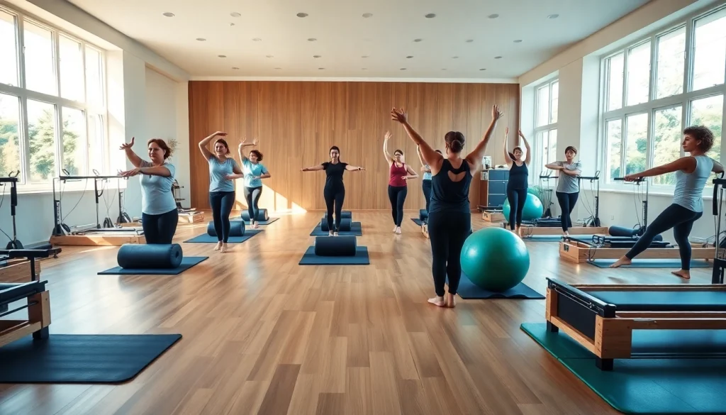 専門スタジオで多様な参加者がピラティスを実践している魅力的なクラス風景。キーワード「ピラティス おすすめ」を促進。