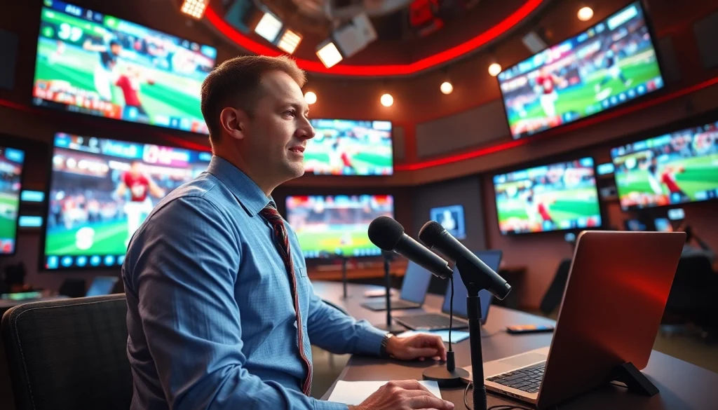 Broadcasting live sports events, showcasing sports broadcasting in an engaging studio environment.