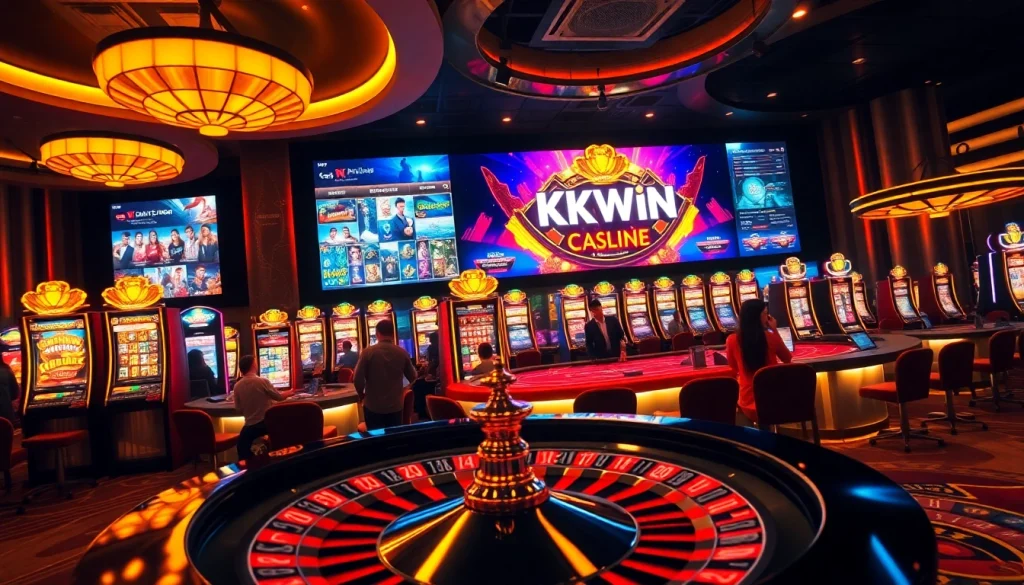 Players enjoying high-stakes games at KKWIN casino, showcasing vibrant slot machines and live dealer action.