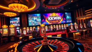 Players enjoying high-stakes games at KKWIN casino, showcasing vibrant slot machines and live dealer action.