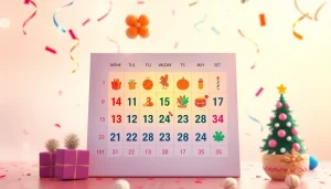 Calendar with holidays highlighting major U.S. celebrations and festive decorations.
