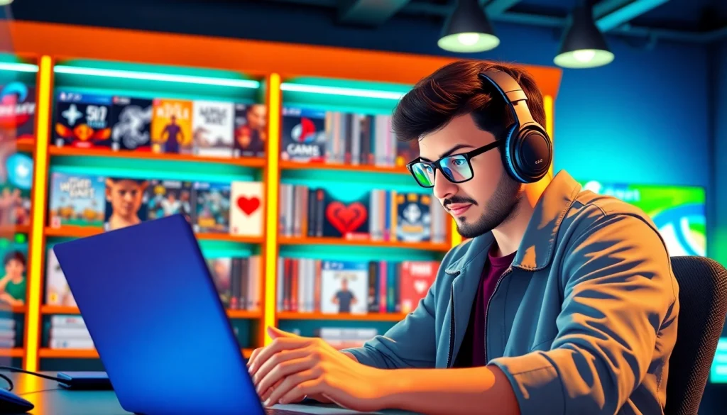 Gamer analyzing video game reviews and ratings on a laptop while surrounded by game titles.