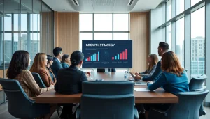 Analyze growth strategy trends in a modern conference setting with diverse professionals.