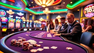 Excited players experience the thrill of gambling at 789f's luxury casino with blackjack tables and vibrant slot machines.