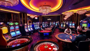 NoHu-themed luxury casino scene highlighting roulette, poker, and vibrant slot machines in an upscale ambiance.