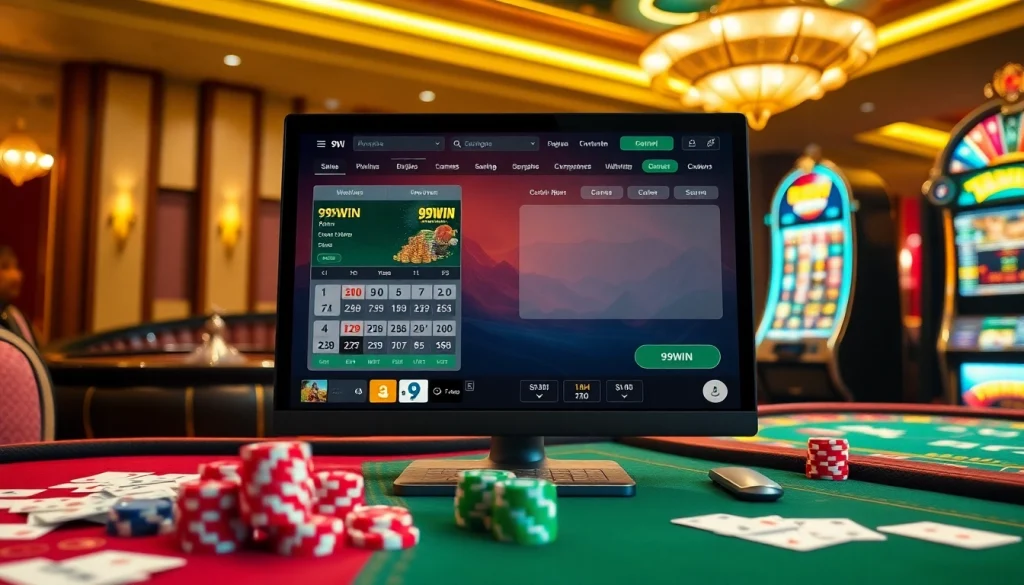 Experience excitement at 99WIN with vibrant casino tables and a glowing slot machine.